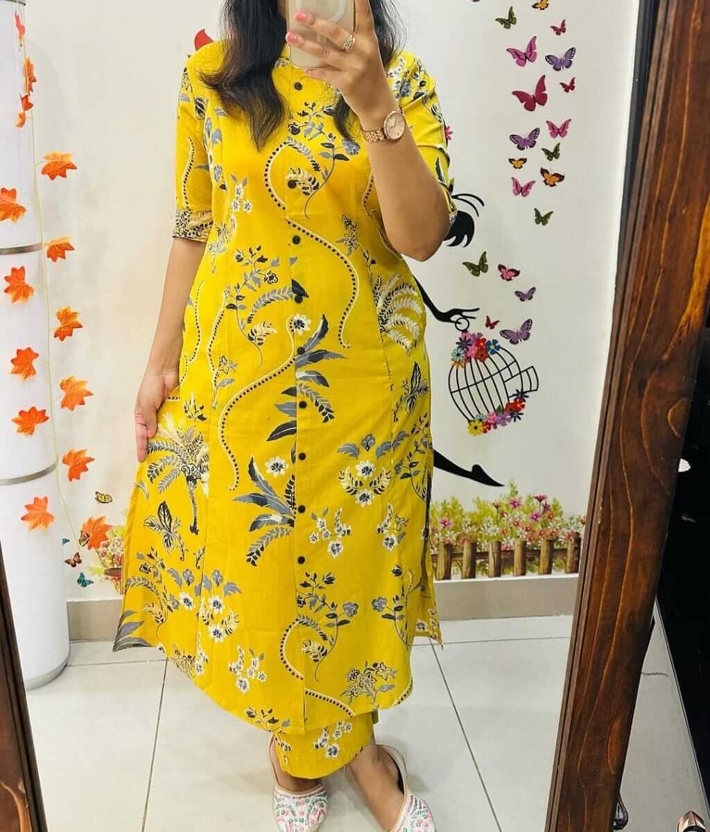 Yellow Cotton Kurti With Palazzo​ Set