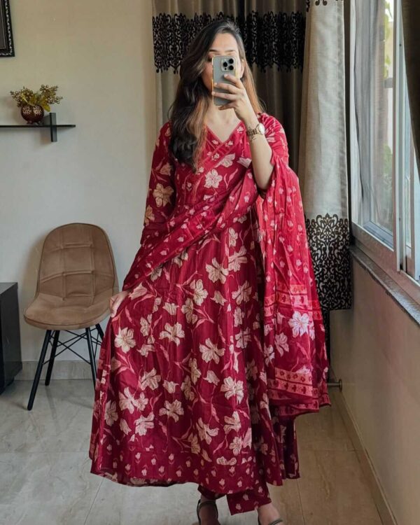 Cotton Maroon Floral Print Suit Set