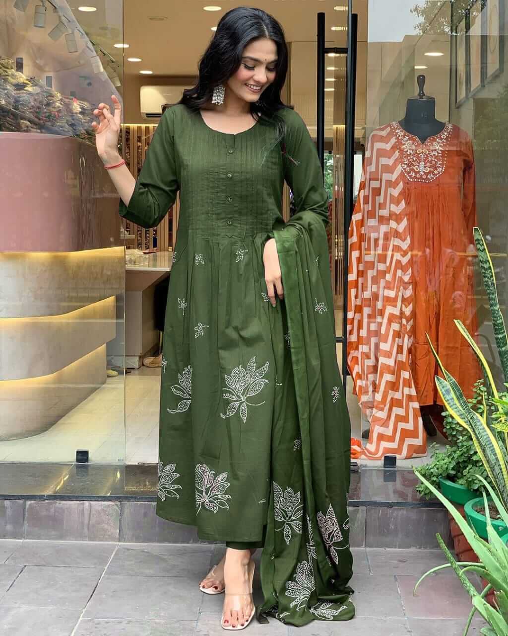 Cotton Dark Green Kurti Pant With Dupatta