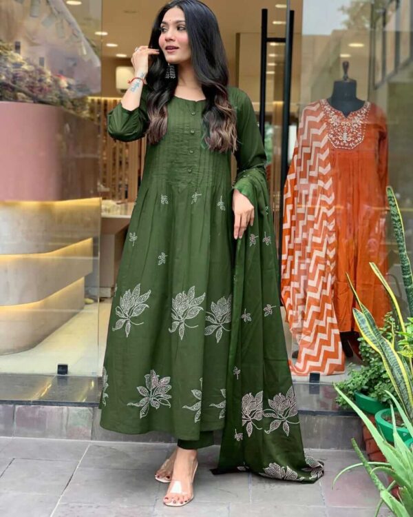 Cotton Dark Green Kurti Pant With Dupatta