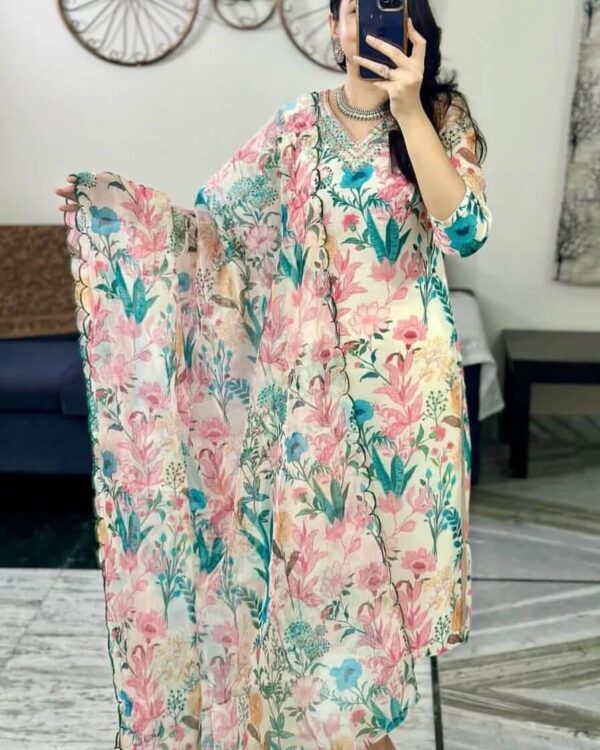 Organza Floral Print Kurti Pant Dupatta Set