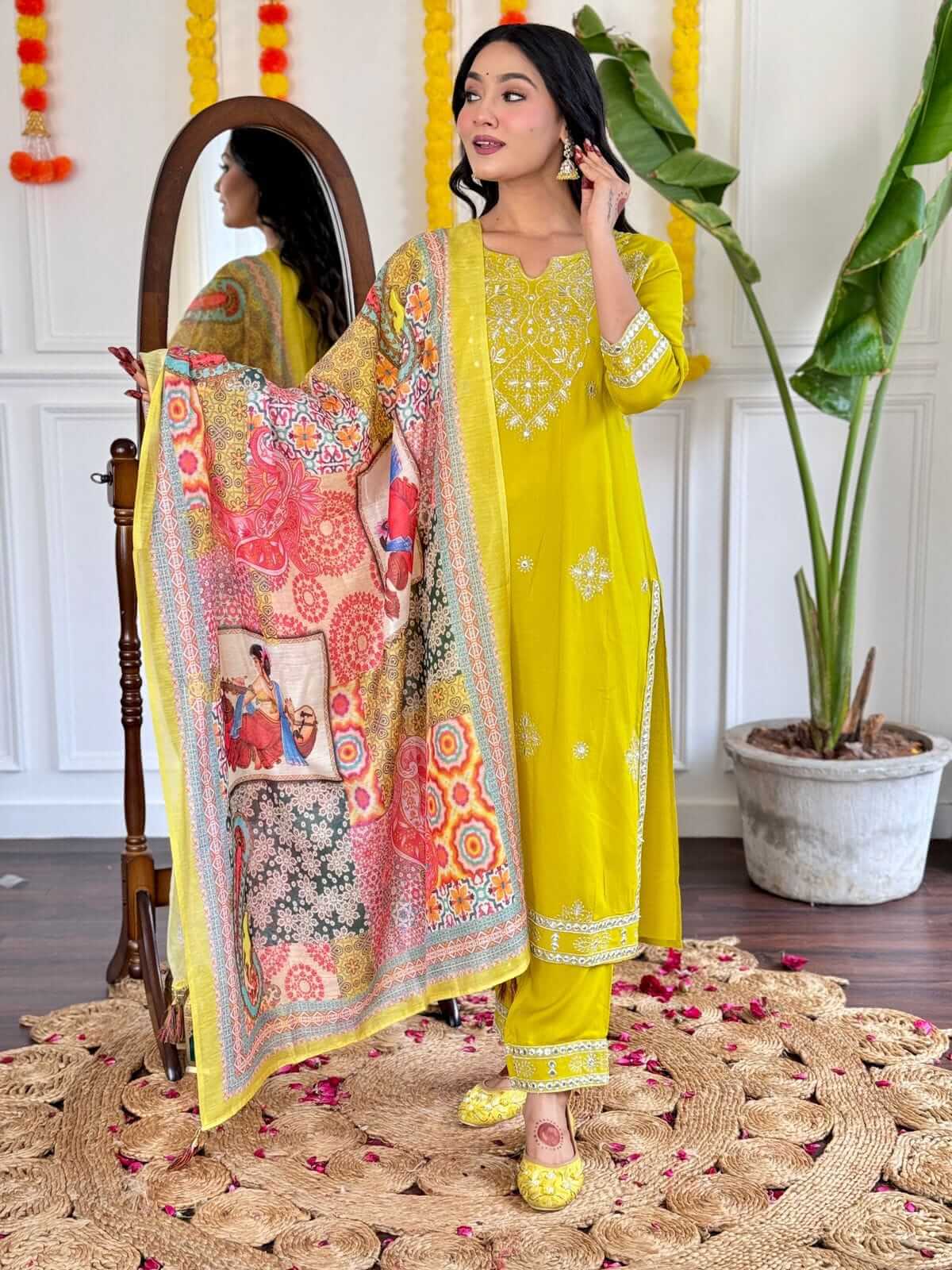 Rayon Yellow Embroidery Suit Set