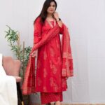 Cotton Red Kurti Pant With Dupatta​