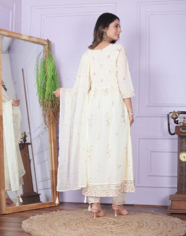 Cream White Cotton Kurti Pant Dupatta Set