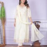 Cream White Cotton Kurti Pant Dupatta Set