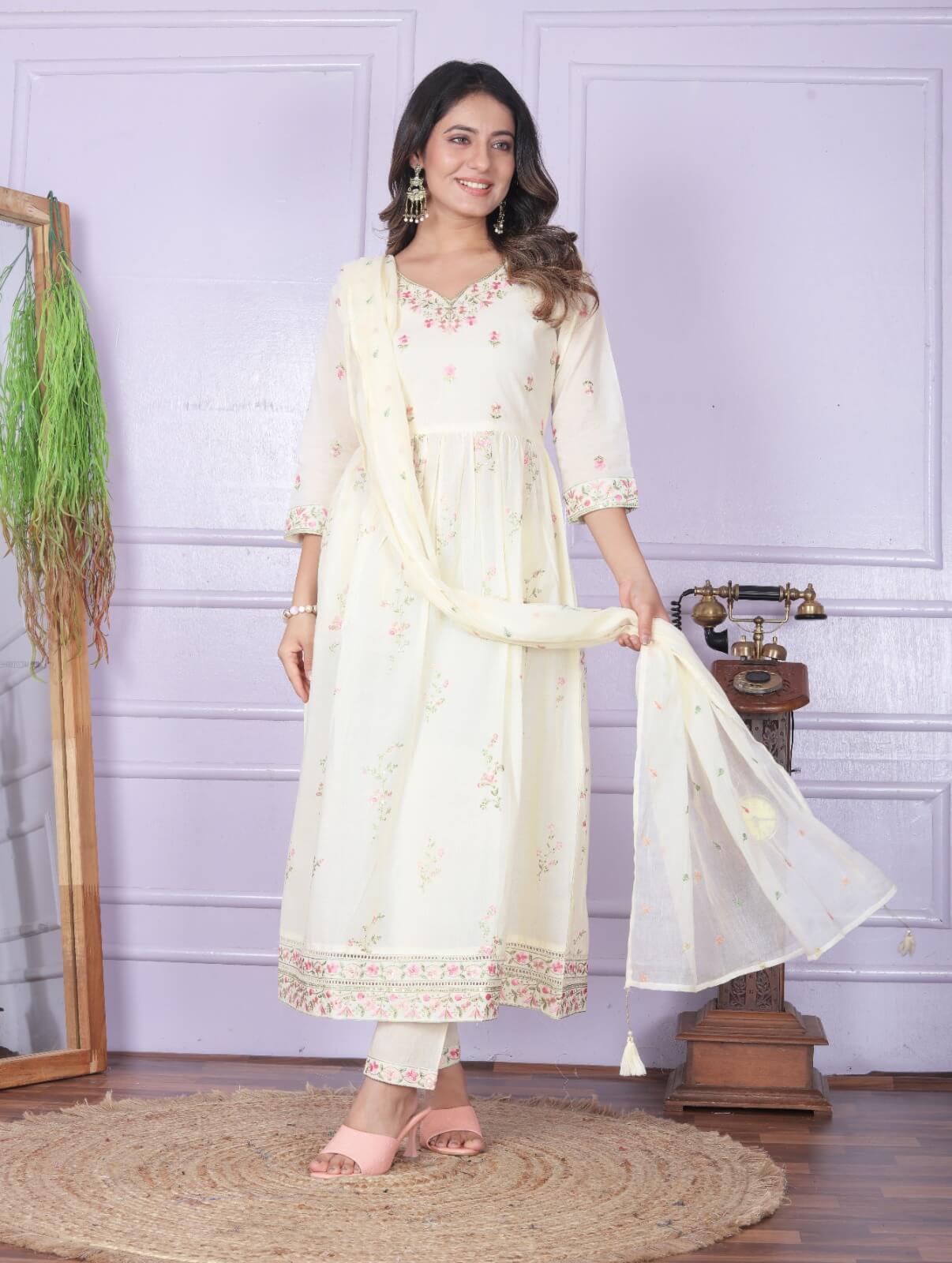 Cream White Cotton Kurti Pant Dupatta Set