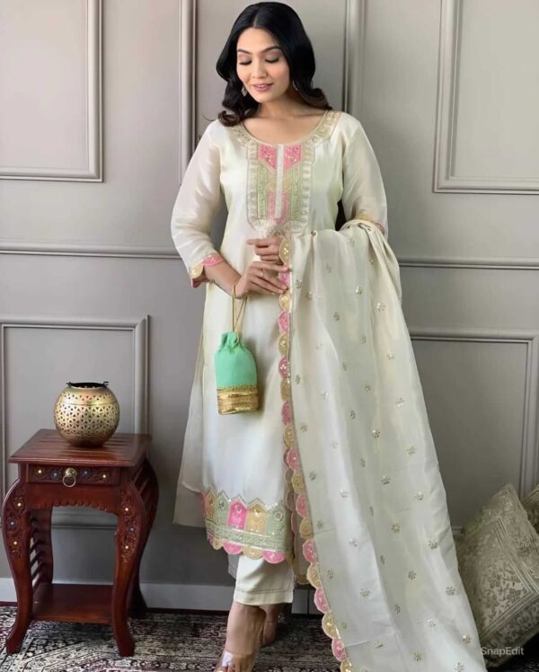 White Embroidered Kurti Pant With Dupatta​