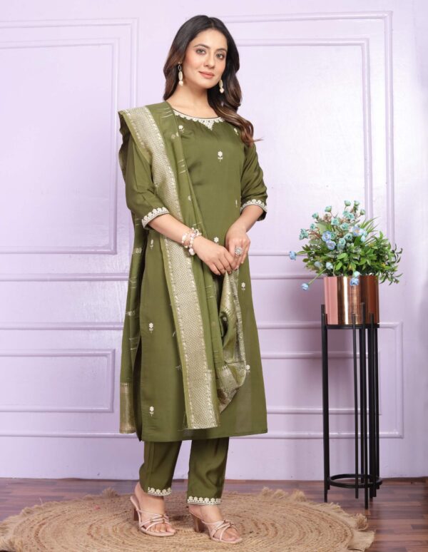 Mehndi Green Silk Suit Set