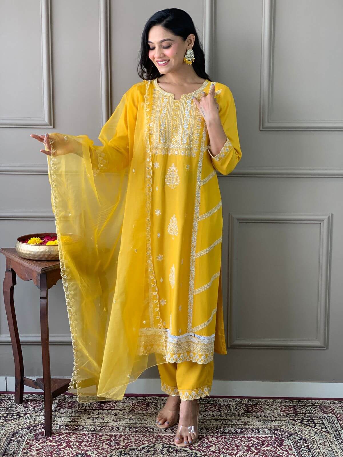 Yellow Party Wear Rayon Suit Set