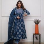 Blue Cotton Kurti Pant With Dupatta Set