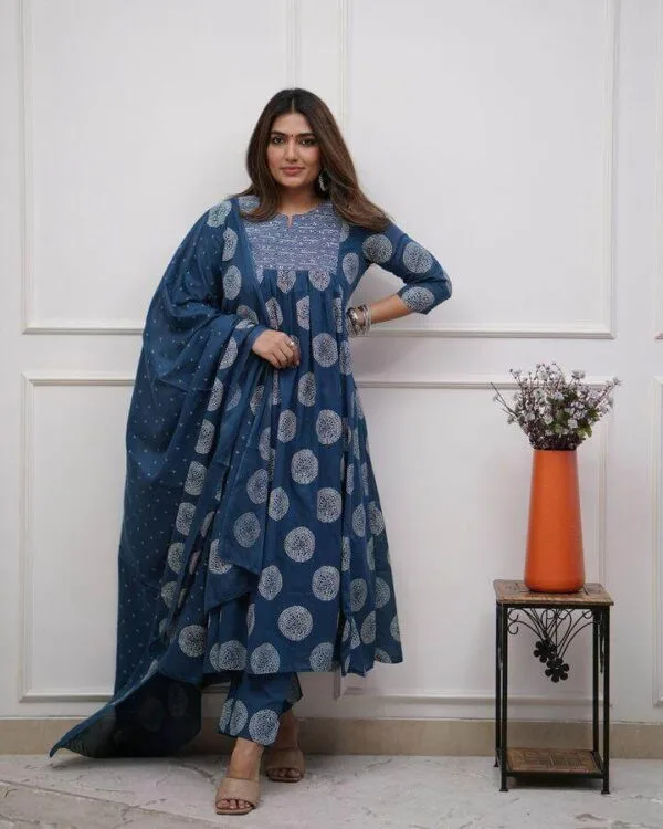 Blue Cotton Kurti Pant With Dupatta Set