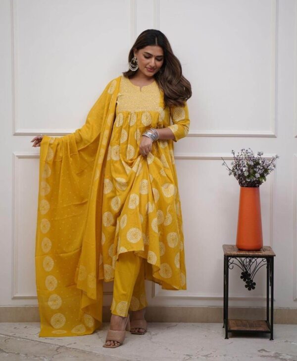 Yellow Cotton Kurti Pant With Dupatta Set