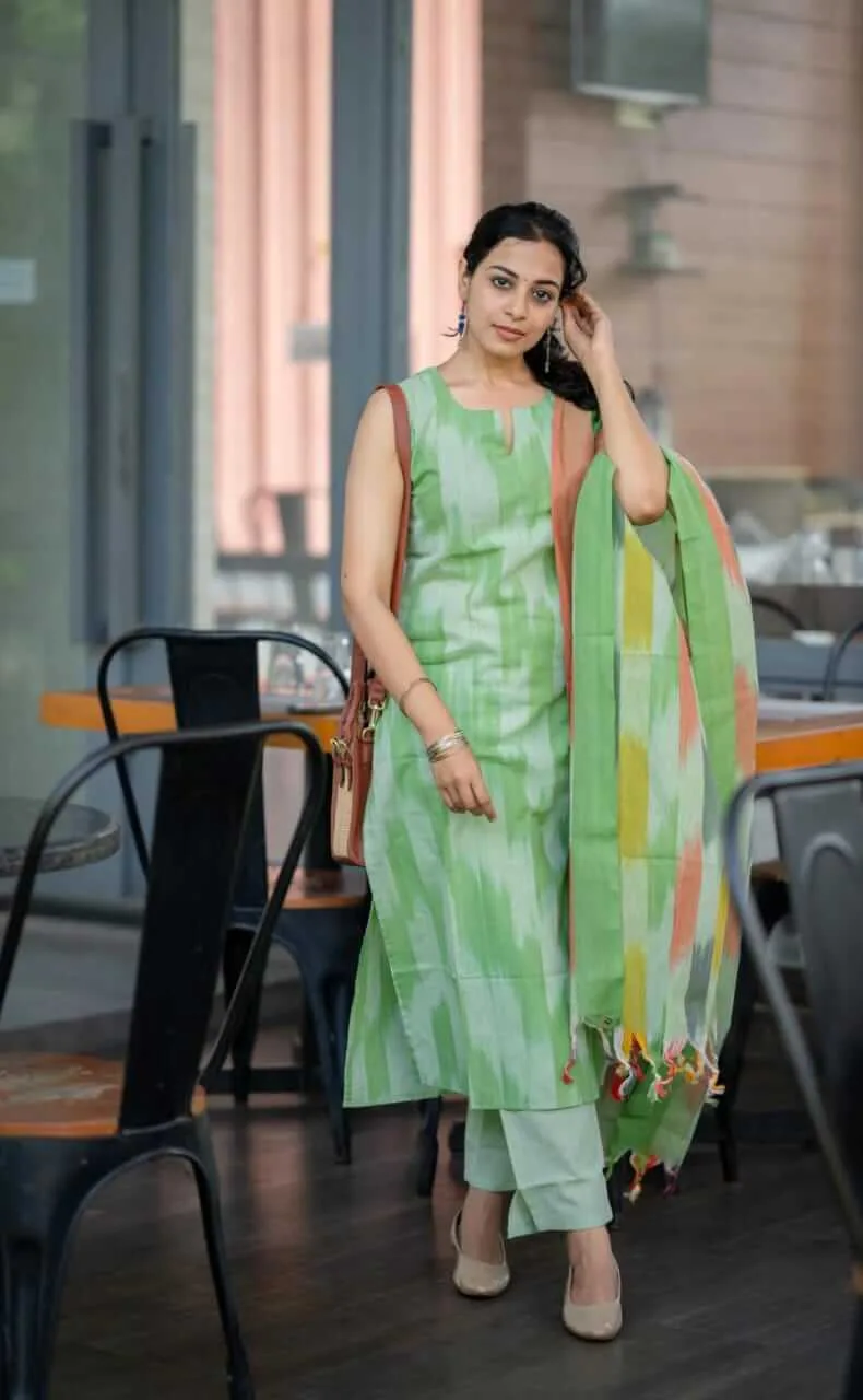 Green South Cotton Kurti Pant With Dupatta