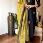 Cotton Black Kurti Pant With Yellow Dupatta