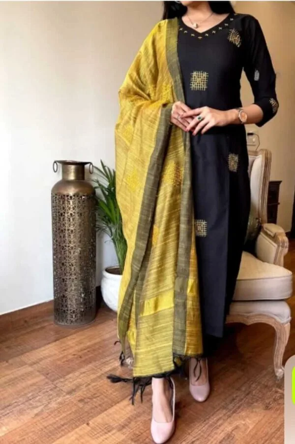 Cotton Black Kurti Pant With Yellow Dupatta