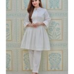 White Schiffli Work Short Kurti With Pant