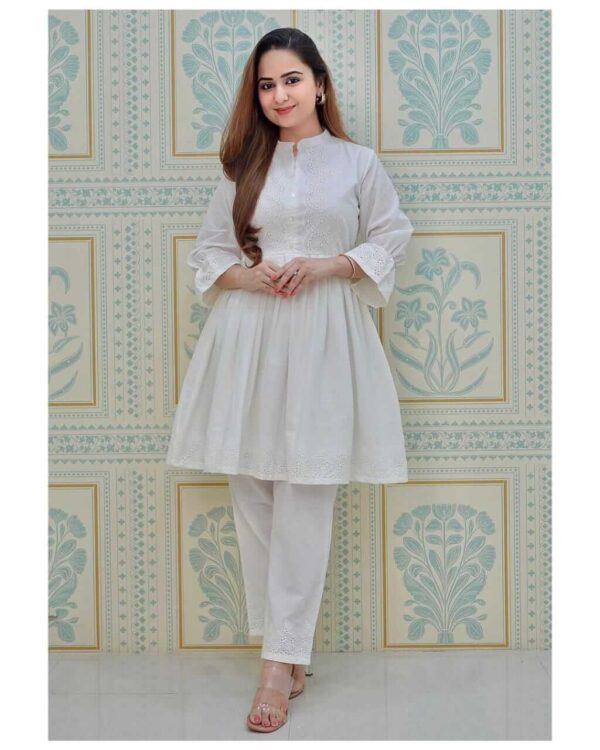 White Schiffli Work Short Kurti With Pant