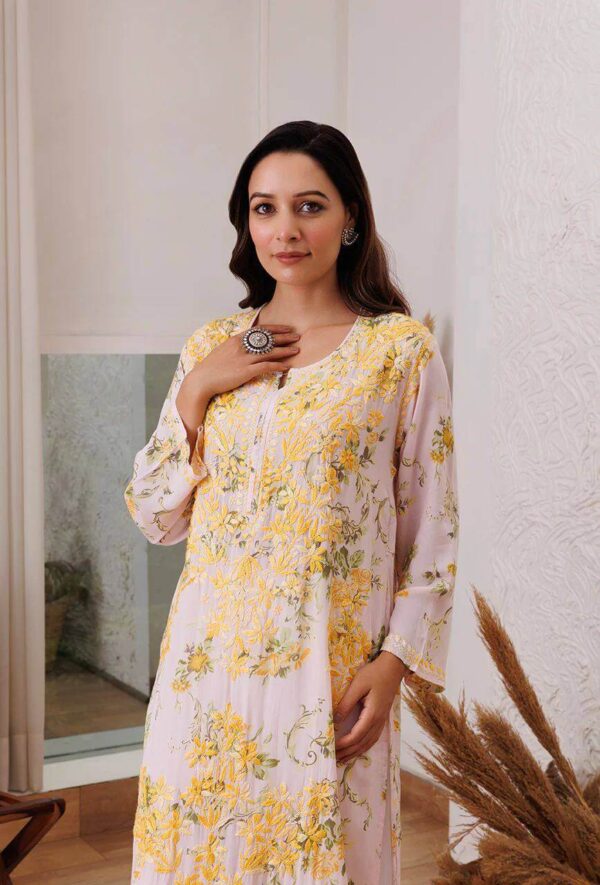 Yellow Floral White Kurti With Palazzo