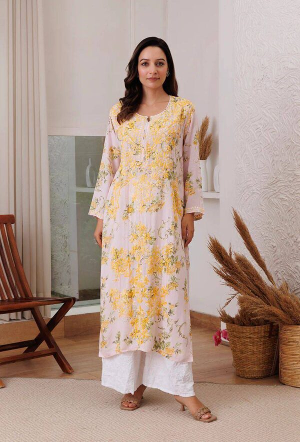 Yellow Floral White Kurti With Palazzo