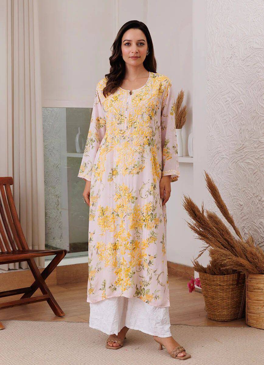 Yellow Floral White Kurti With Palazzo