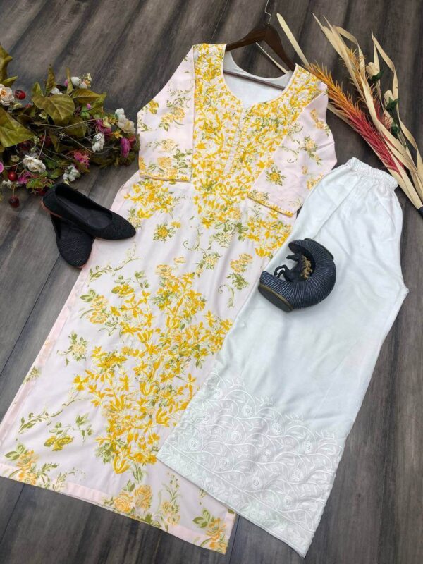 Yellow Floral White Kurti With Palazzo