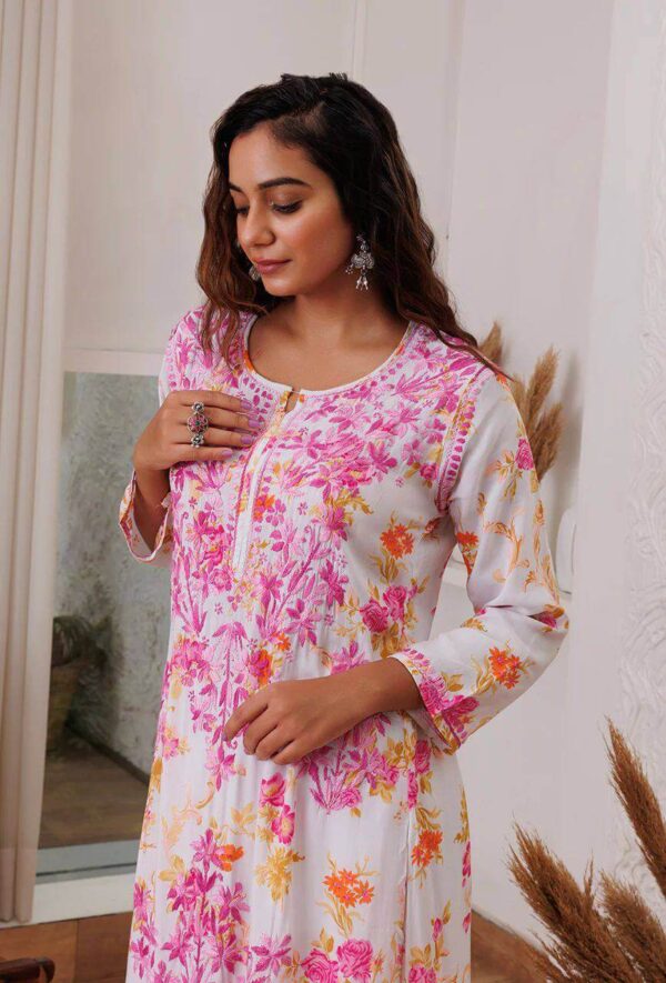 Pink Floral White Kurti With Palazzo