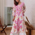 Pink Floral White Kurti With Palazzo