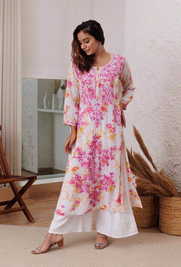 Pink Floral White Kurti With Palazzo