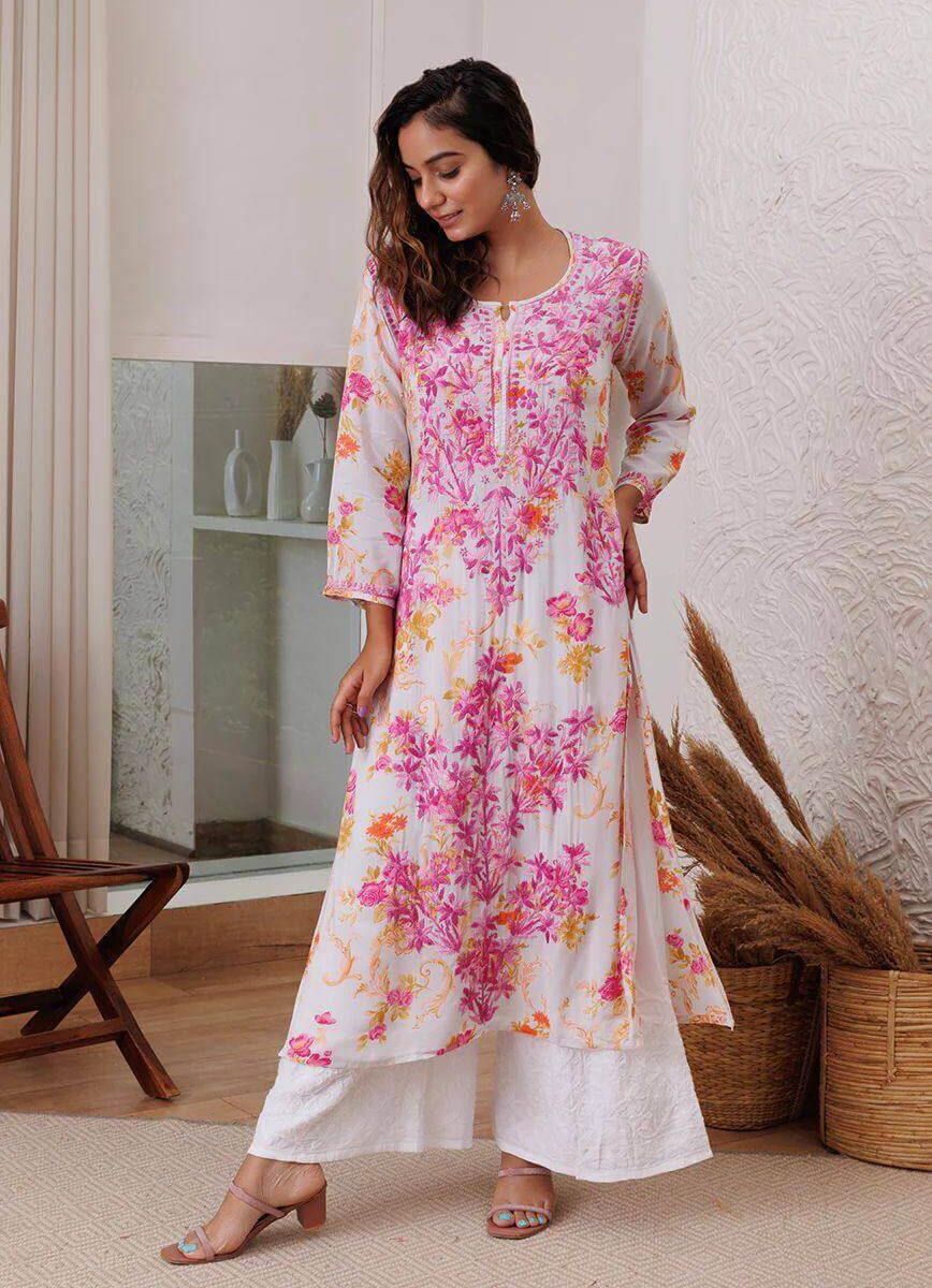 Pink Floral White Kurti With Palazzo