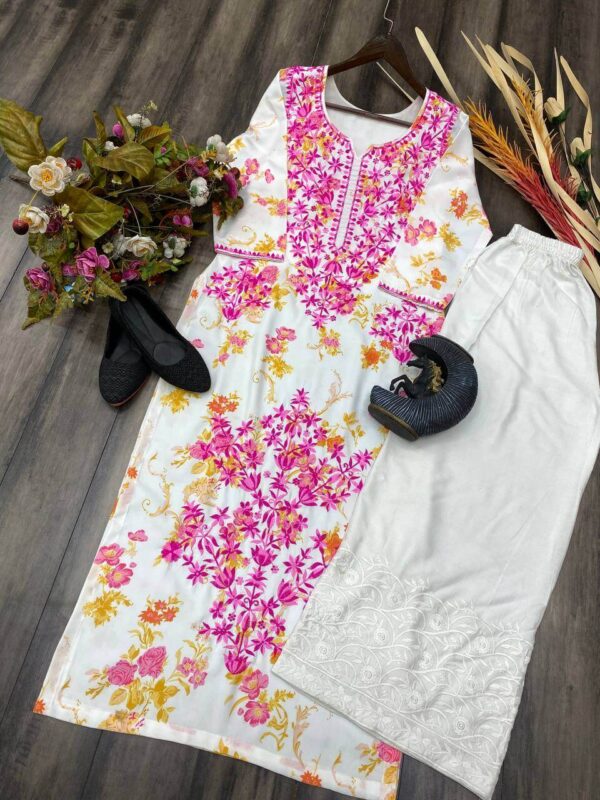 Pink Floral White Kurti With Palazzo