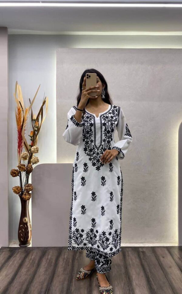 Black Floral White Kurti With Pant Set