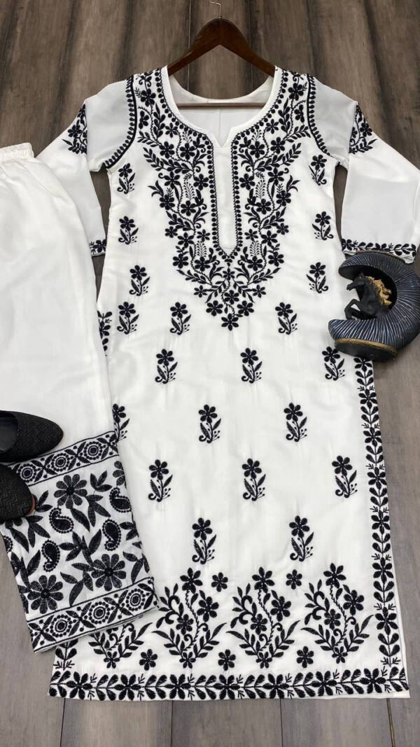 Black Floral White Kurti With Pant Set