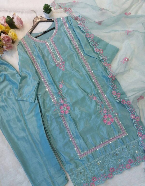 Sky Blue Chinon Kurti Pant With Dupatta