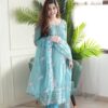 Sky Blue Chinon Kurti Pant With Dupatta