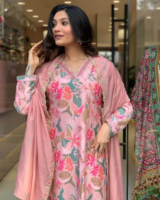 Peach Viscose Chanderi Suit Set