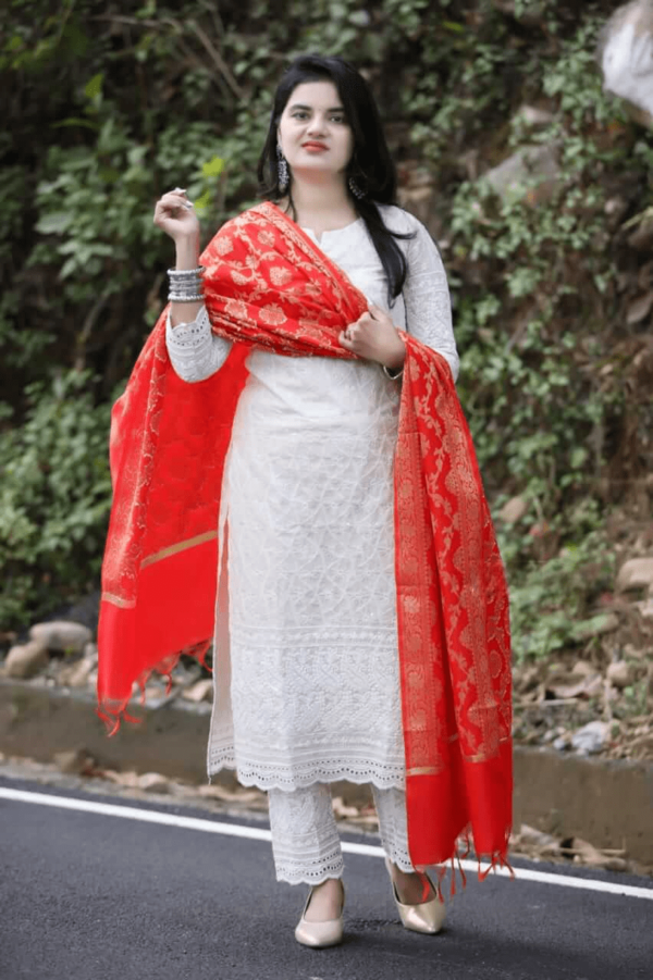 White Kurti Chikankari Pant With Red Dupatta