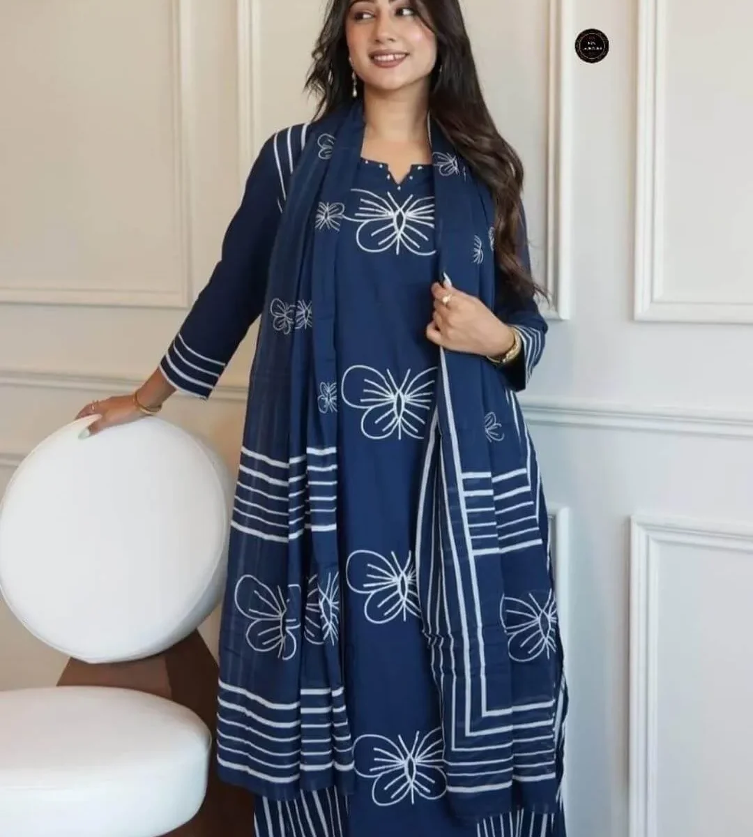 Blue Cotton Kurti Pant Dupatta Set​