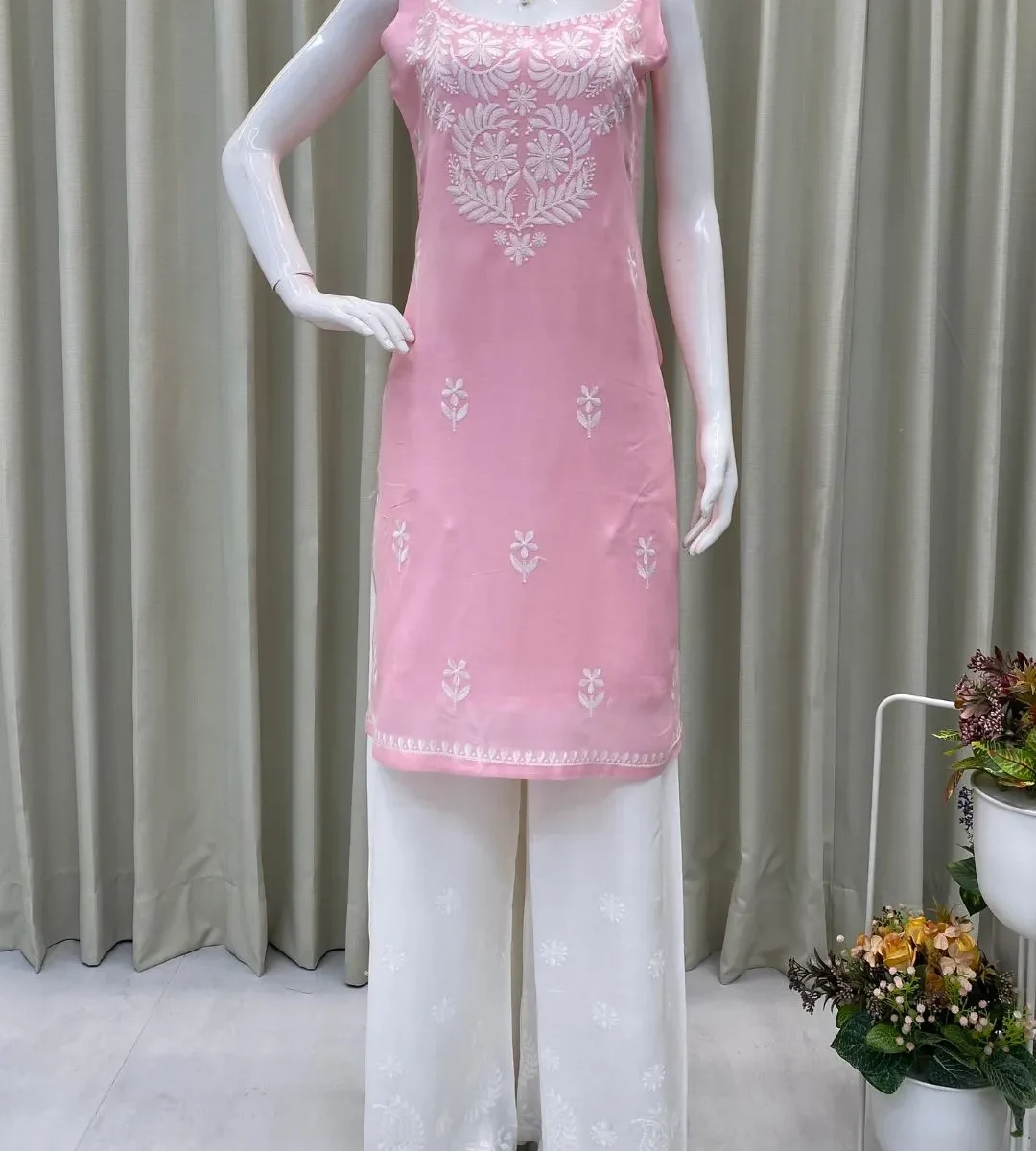 Pink Floral White Kurti With Palazzo