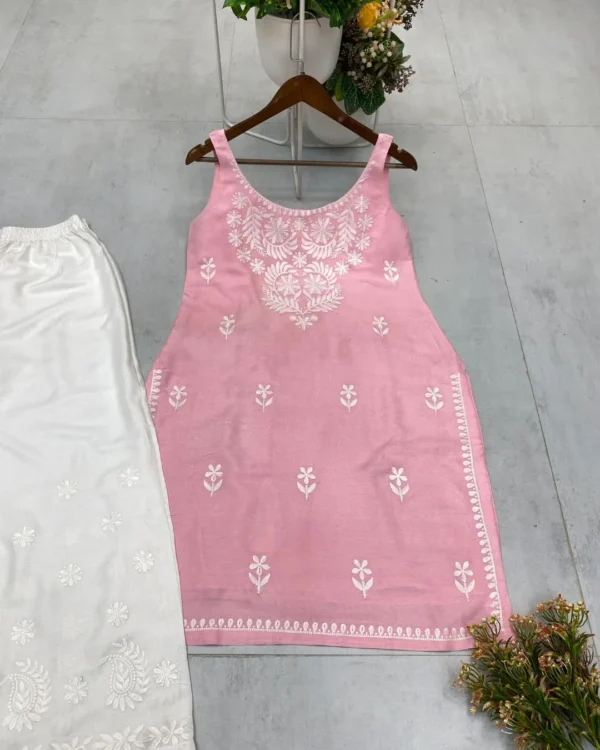 Pink Floral White Kurti With Palazzo