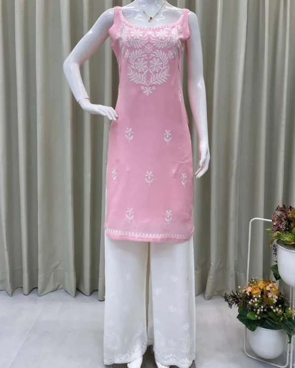 Pink Floral White Kurti With Palazzo