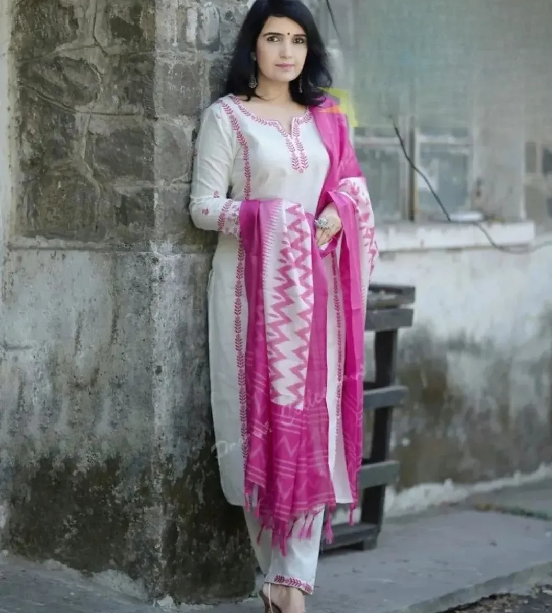 White Khadi Cotton Embroidery Suit Set