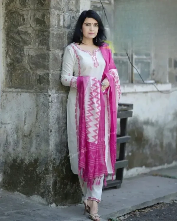 White Khadi Cotton Embroidery Suit Set