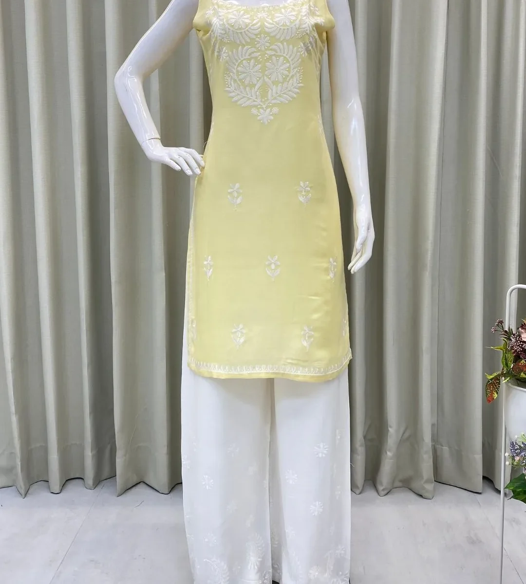 Yellow Floral White Kurti With Palazzo 2
