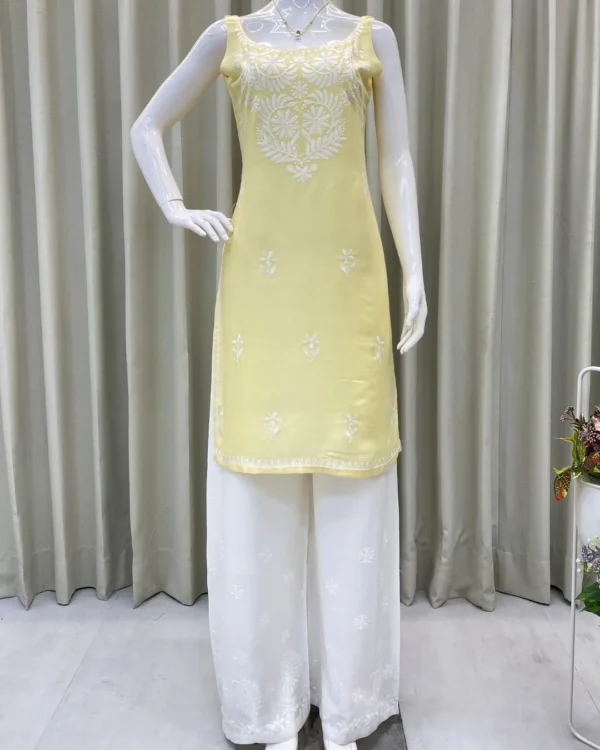 Yellow Floral White Kurti With Palazzo 2