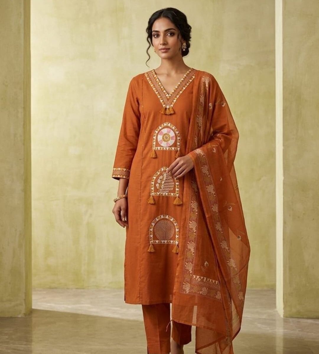 Dark Brown Color Kurti Pant With Dupatta Set