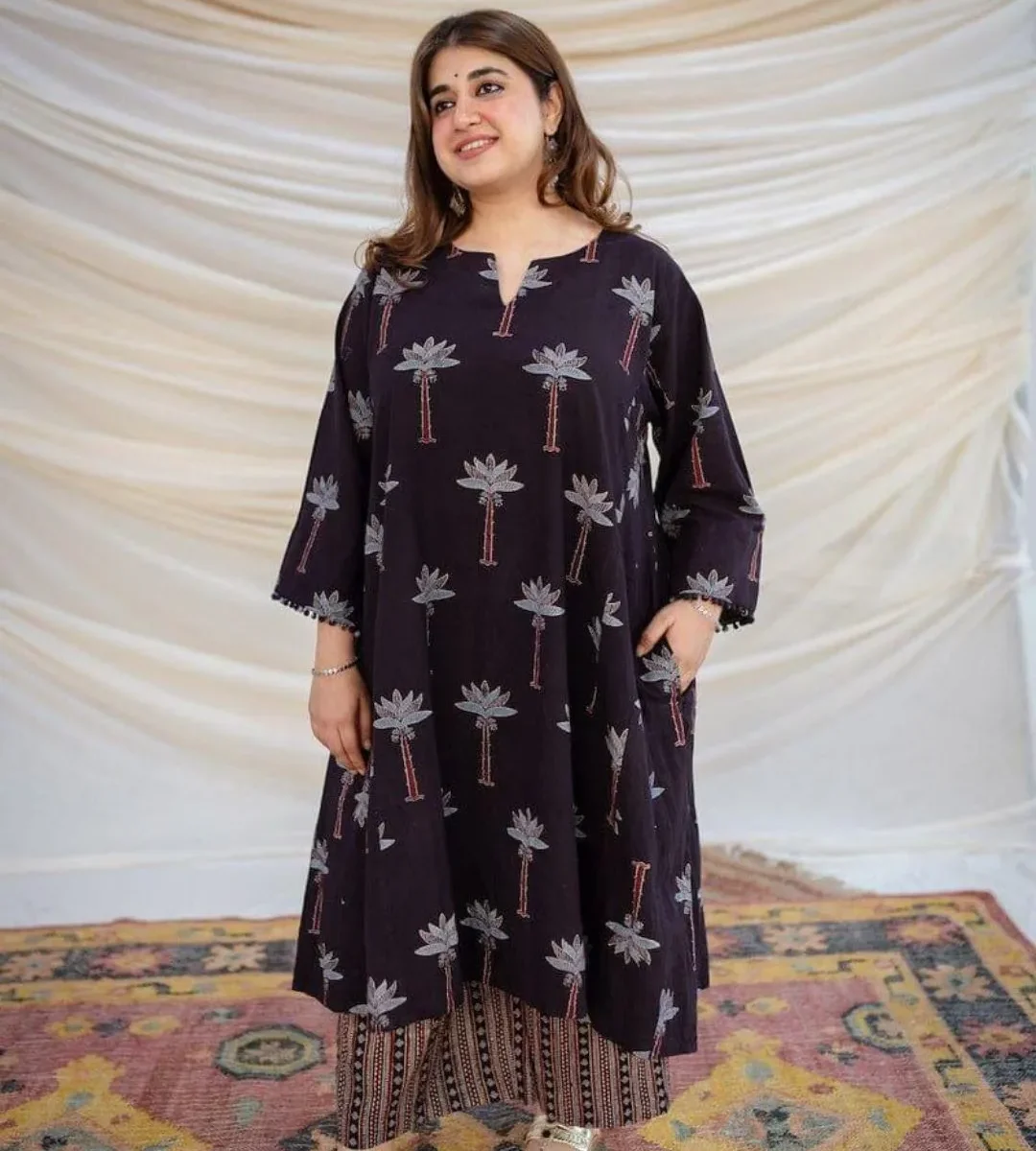Cotton Black Printed Kurti Pant Set