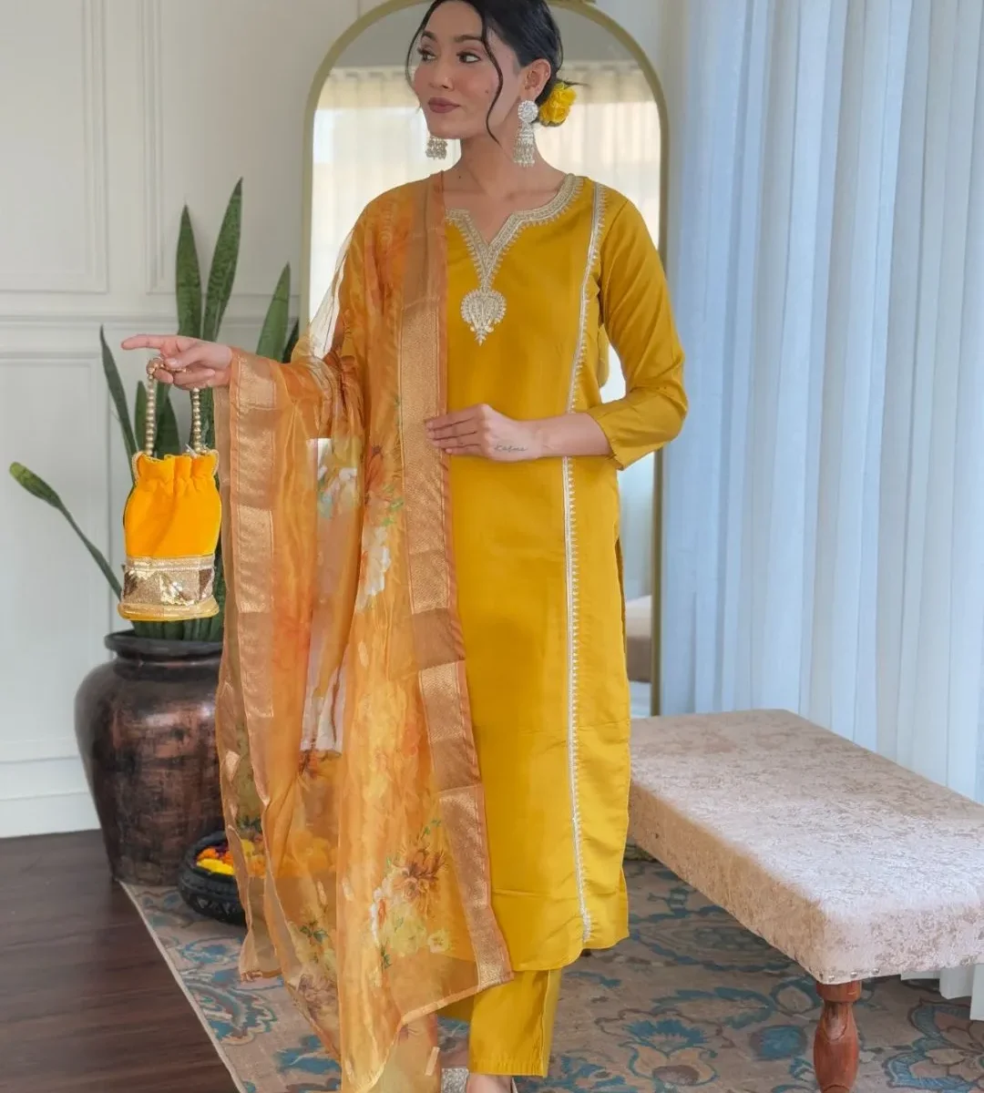Viscose Chanderi Yellow Suit Set