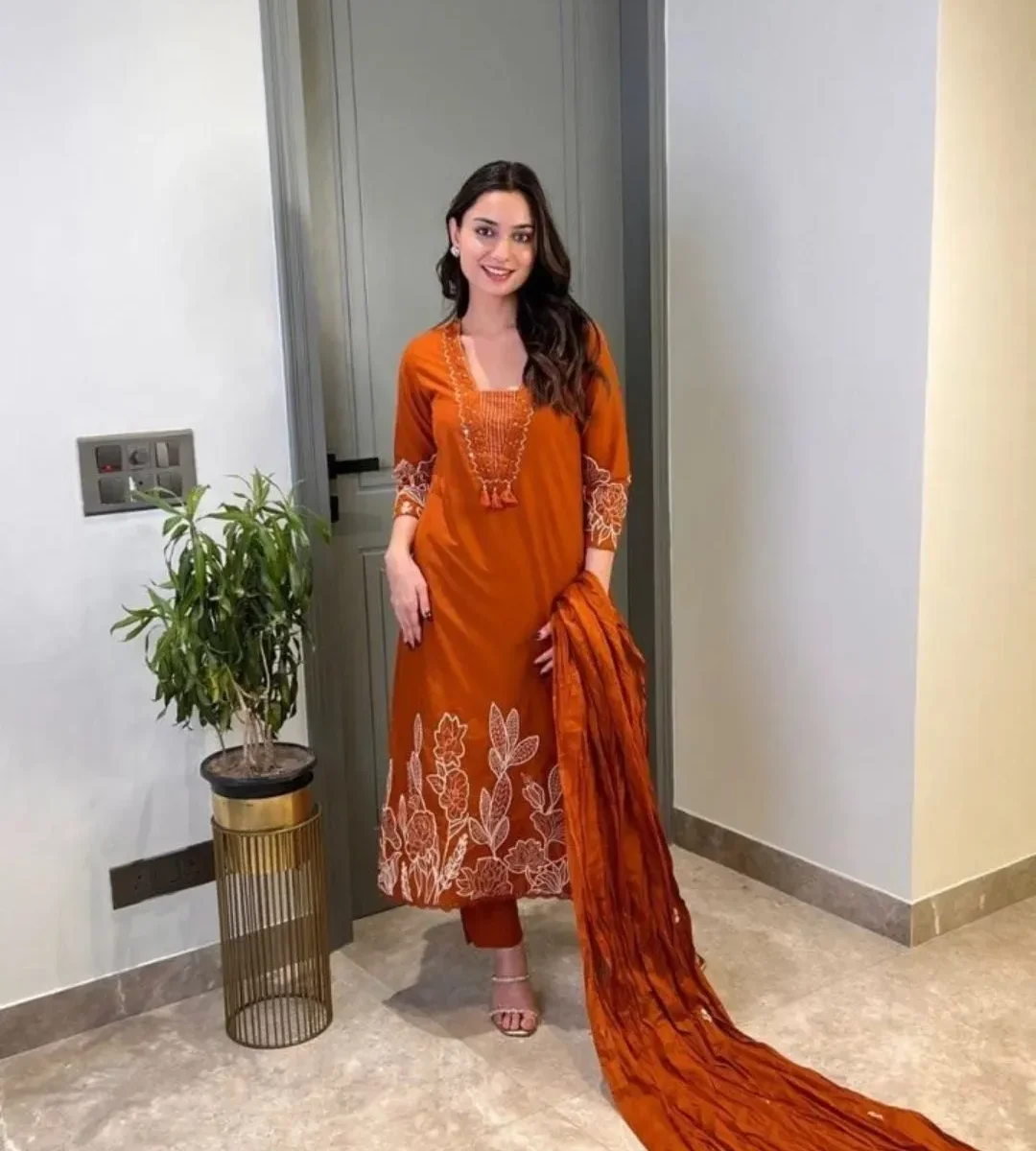 Orange Kurti Pant With Dupatta Set