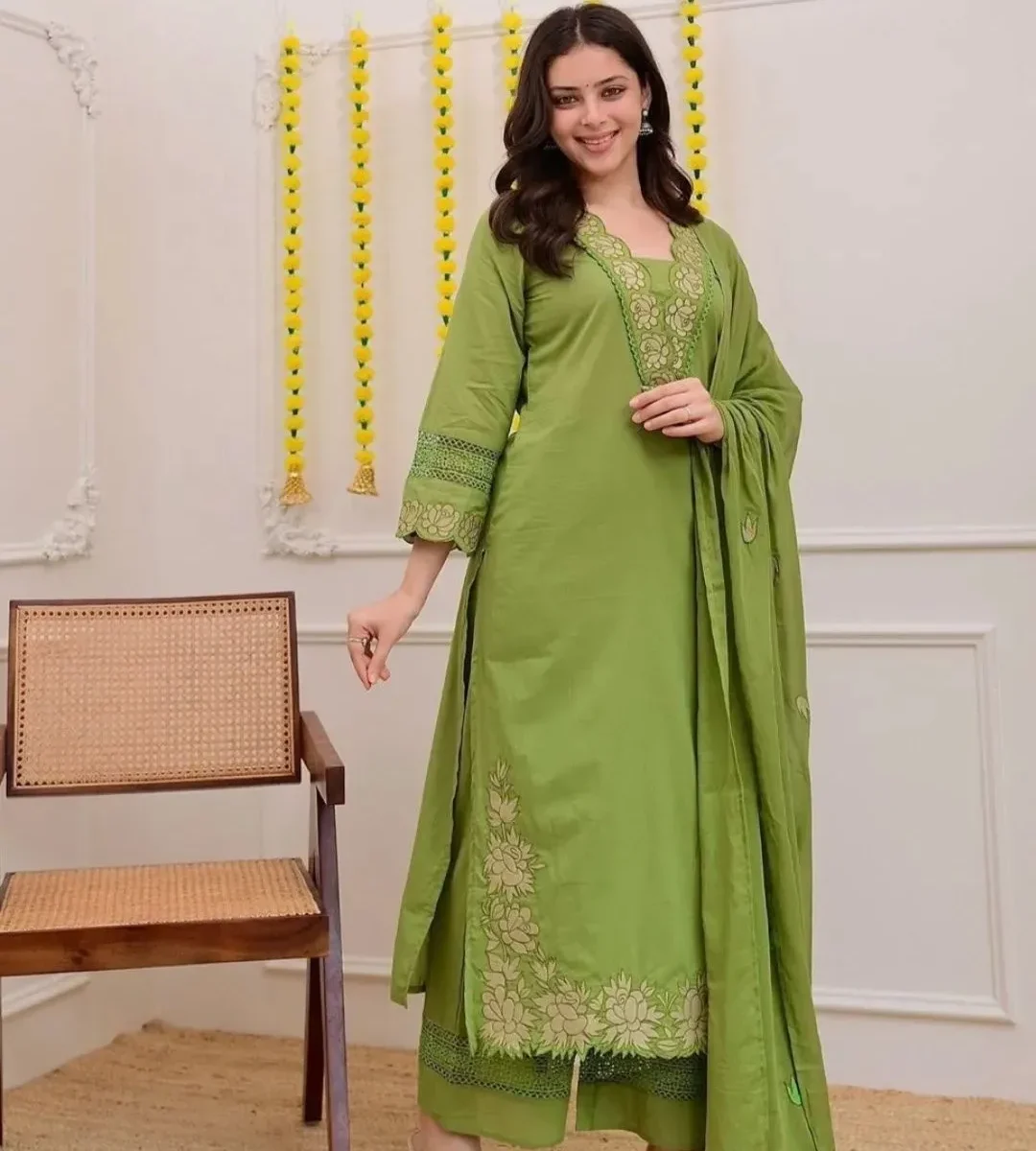 Green Cotton Kurti Pant With Dupatta