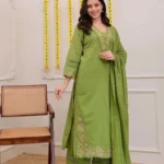 Green Cotton Kurti Pant With Dupatta